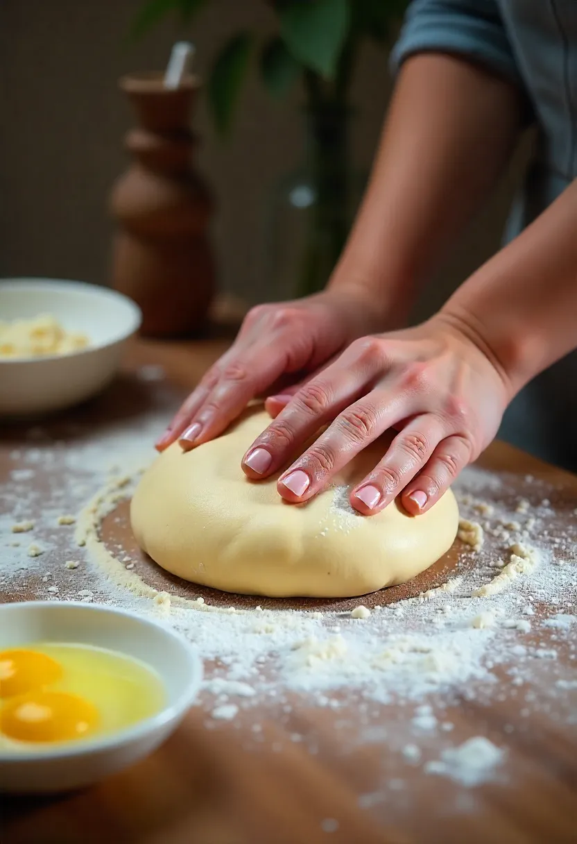 Hands kneading kulich dough on a floured surface with yeast, eggs, and butter nearby, showing the preparation of traditional Russian Easter bread.