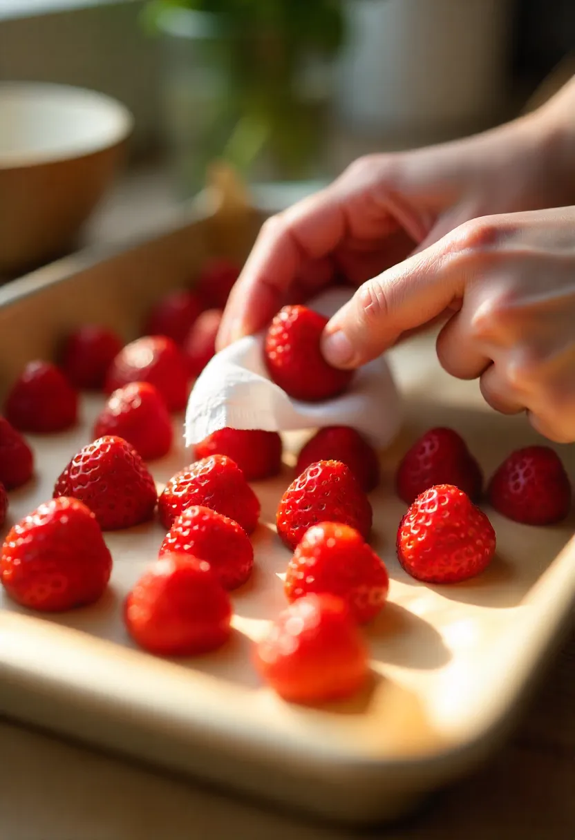 Freshly washed strawberries drying on parchment paper, prepared for dipping in melted chocolate to make homemade chocolate-covered strawberries.