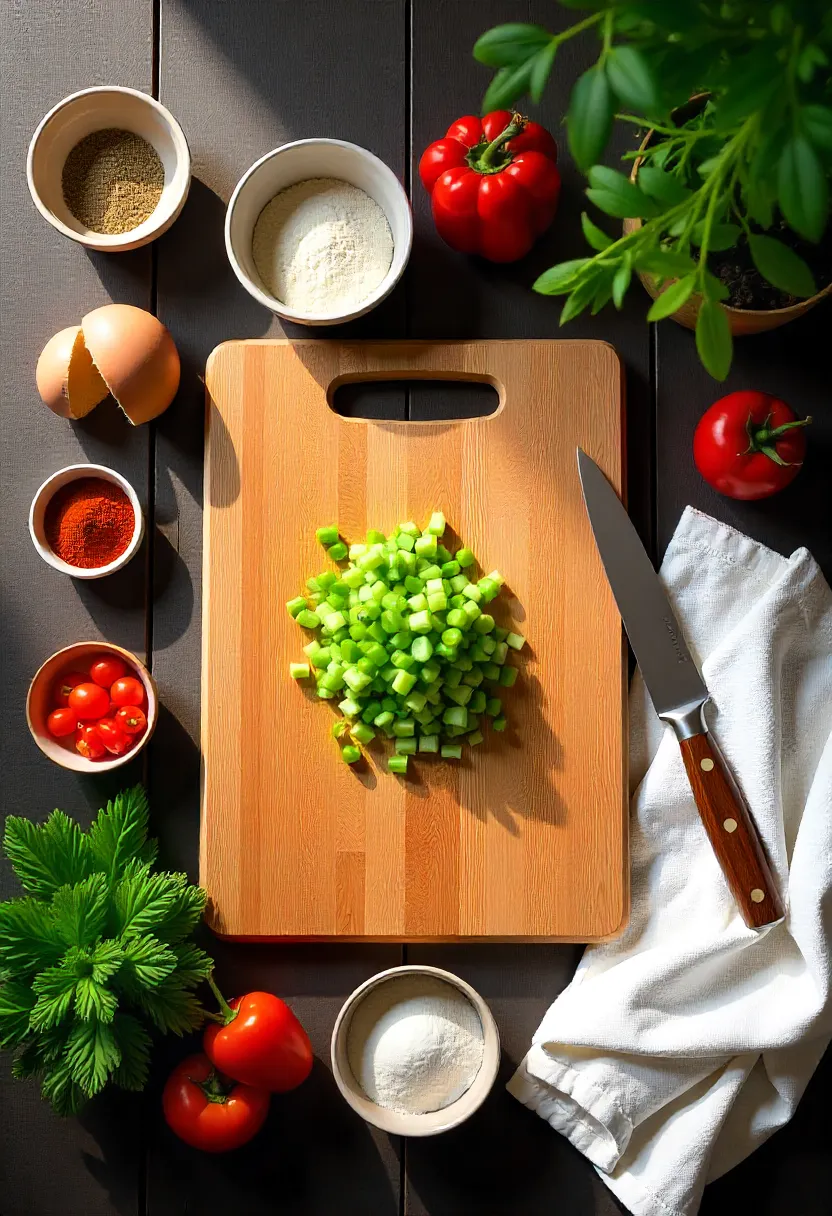 Realistic overhead photo of an organized kitchen prep station with bowls of prepped ingredients, knives, and utensils neatly arranged.