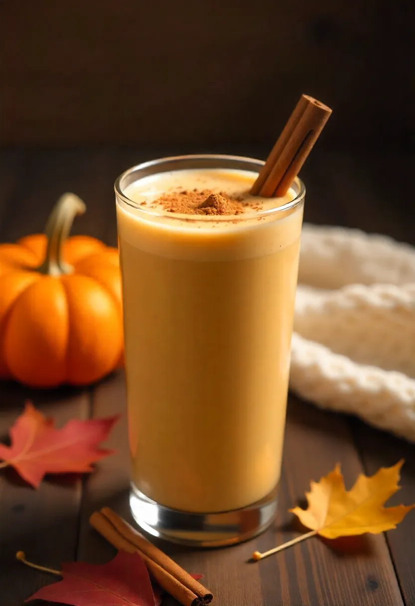 Pumpkin spice smoothie in a glass with cinnamon stick, surrounded by pumpkin and autumn-themed decor for a cozy winter feel.