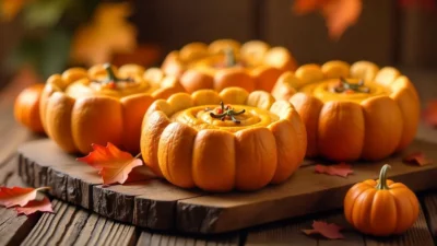 Freshly baked pumpkin bread bowls on a wooden table with autumn leaves and small pumpkins, ready for soup or dip.