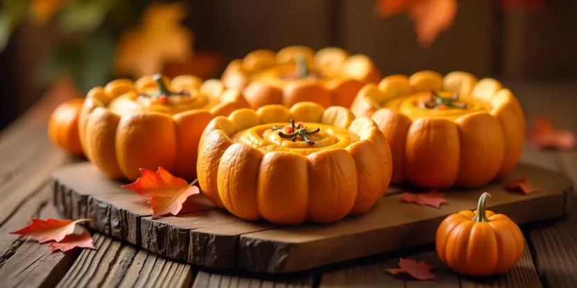 Freshly baked pumpkin bread bowls on a wooden table with autumn leaves and small pumpkins, ready for soup or dip.