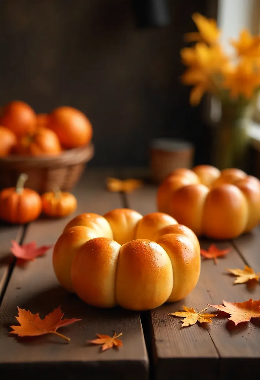 Golden pumpkin-shaped bread bowls on a wooden table with autumn leaves and small pumpkins, ready for soup or dip.