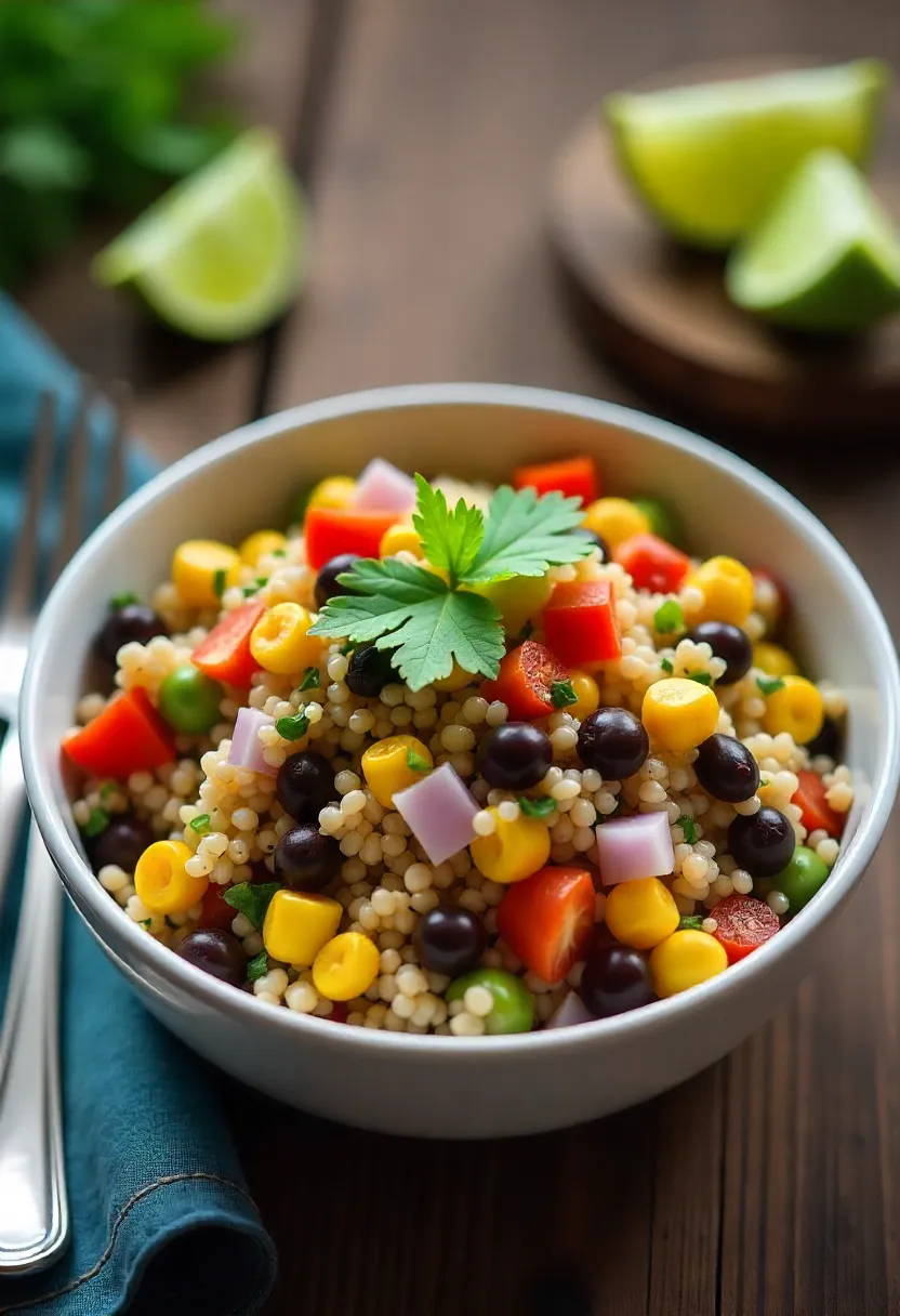 Bowl of quinoa and black bean salad with peppers, corn, and cilantro, garnished with lime wedges.