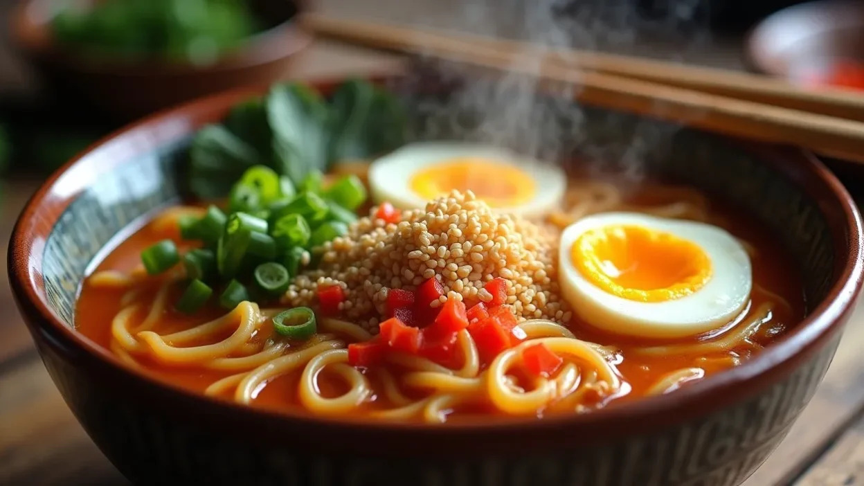 Colorful bowl of saucy ramen with vegetables, shrimp, and sesame seeds.