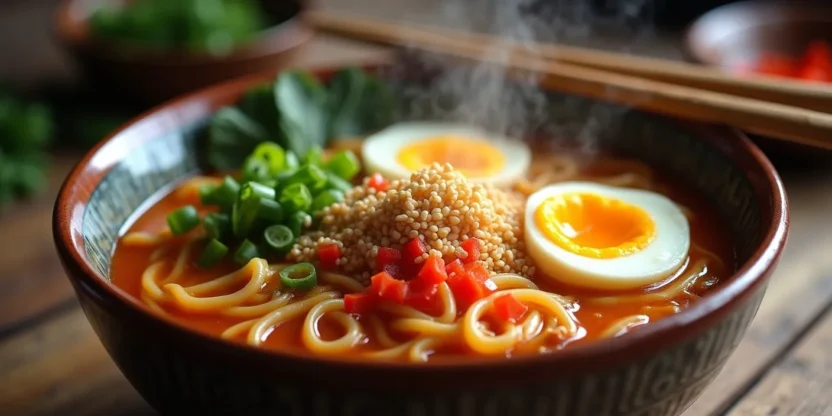 Colorful bowl of saucy ramen with vegetables, shrimp, and sesame seeds.