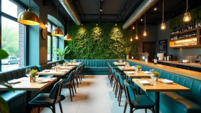 Modern restaurant interior design with greenery, open kitchen, and bold ceiling lighting — a stylish 2025 dining trend.