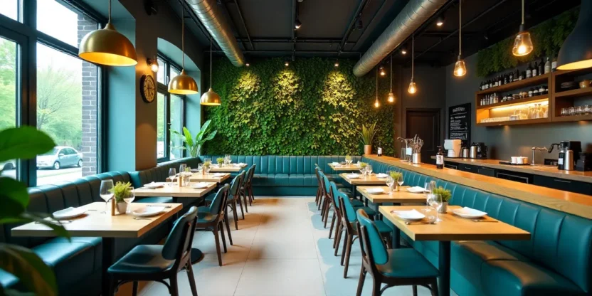 Modern restaurant interior design with greenery, open kitchen, and bold ceiling lighting — a stylish 2025 dining trend.