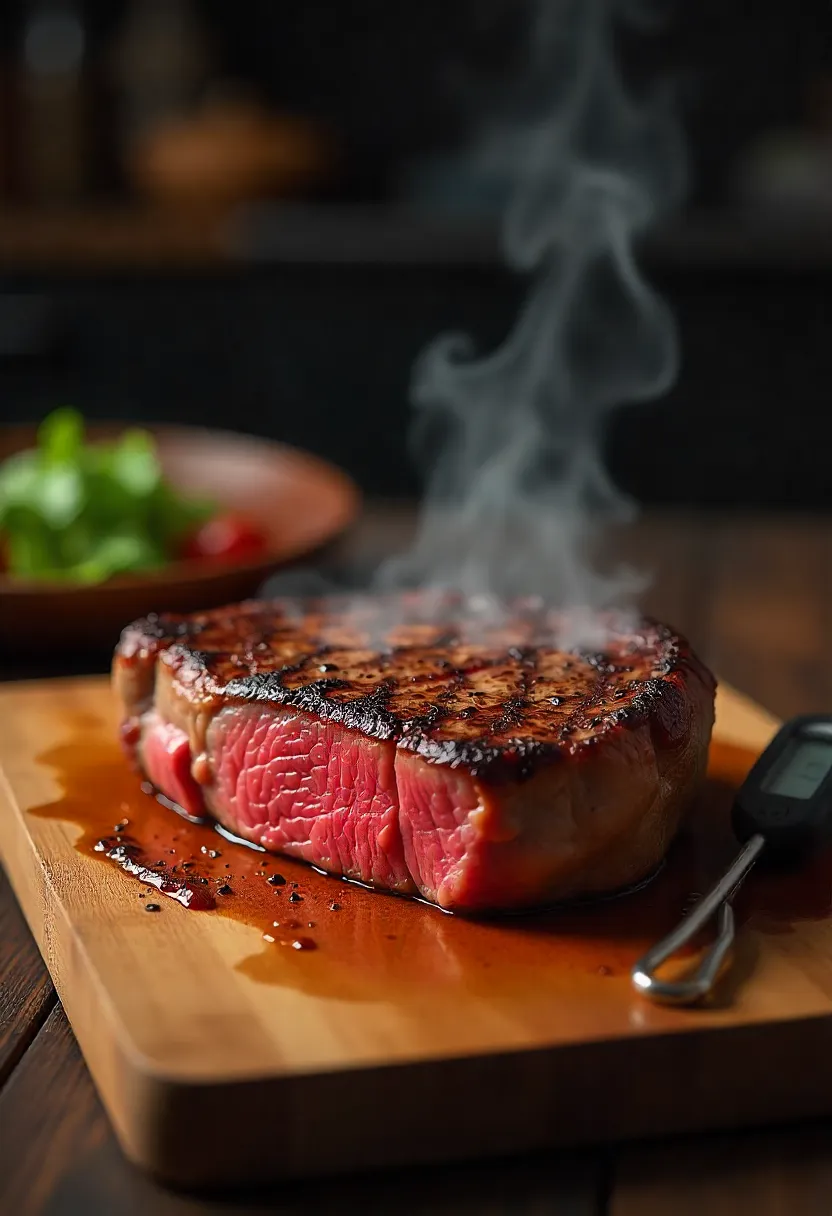 Juicy steak resting uncovered with thermometer showing carryover cooking.