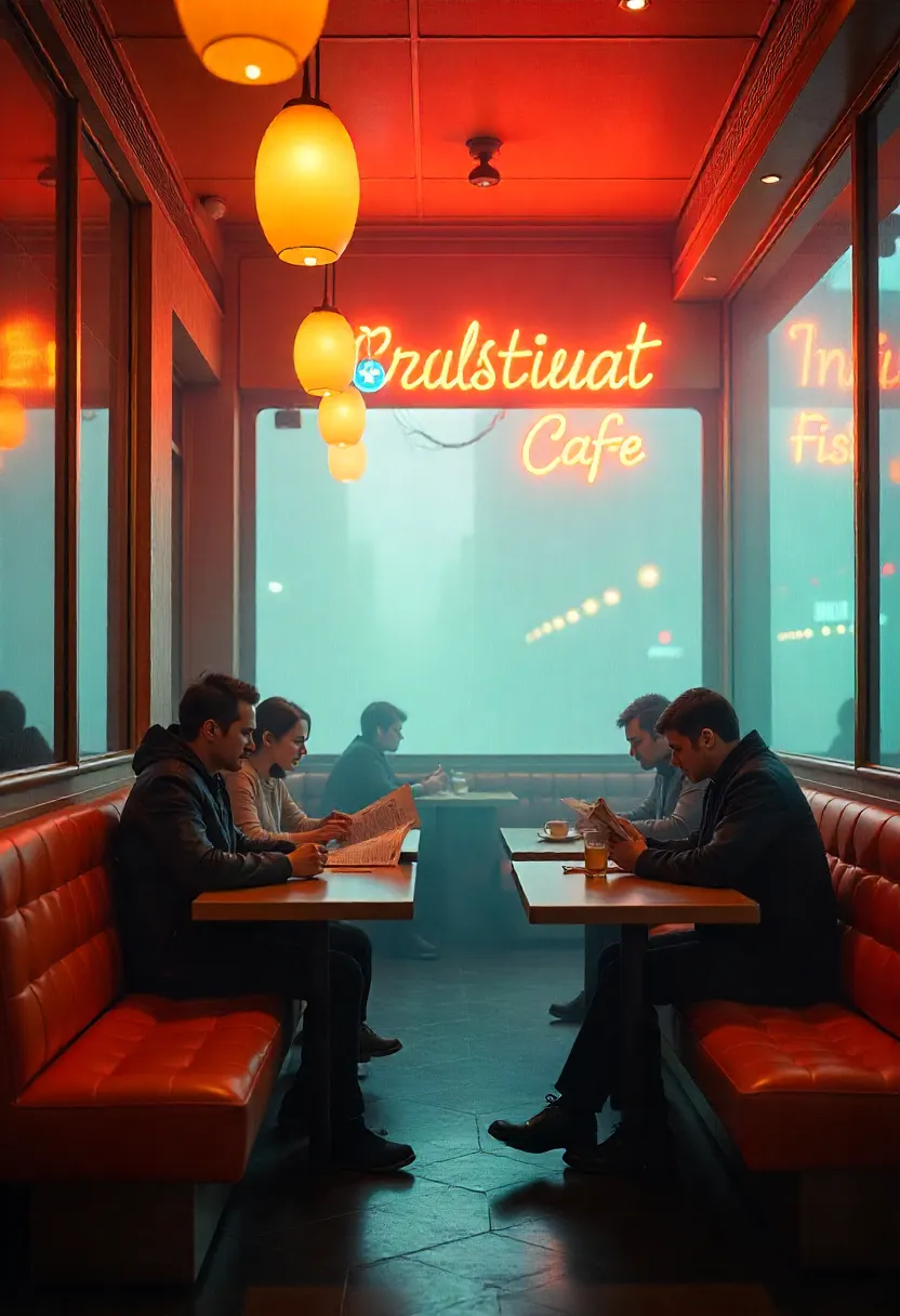 Retro-futurism restaurant design with neon lights, leather seating, and metallic finishes creating a nostalgic yet futuristic atmosphere.