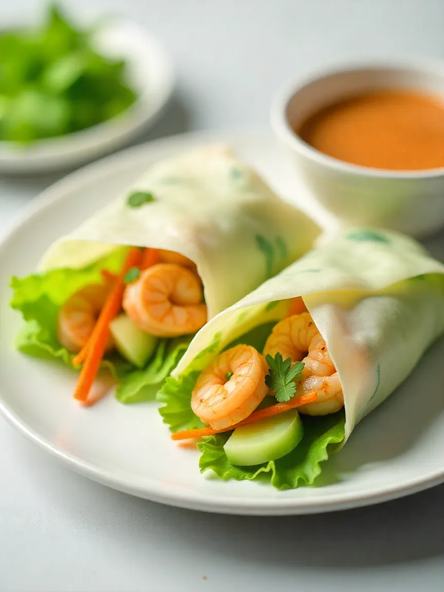 Fresh rice paper rolls with shrimp, cucumber, carrots, and herbs served with peanut dipping sauce.