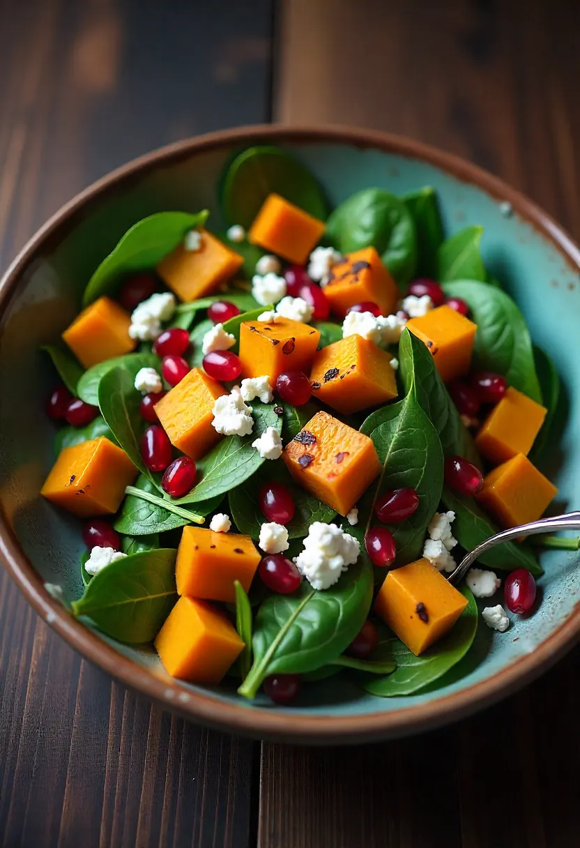 Roasted butternut squash salad with spinach, feta cheese, pomegranate seeds, and walnuts, drizzled with balsamic dressing for a healthy winter recipe.