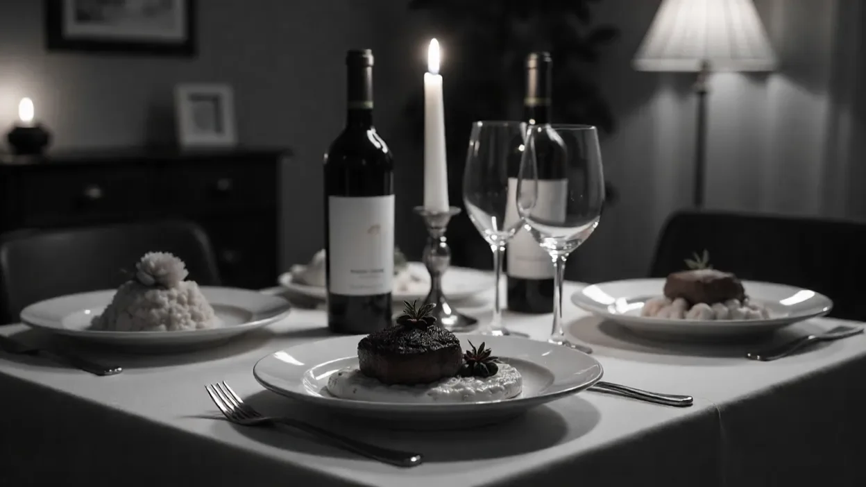 Romantic dinner table for two with candlelight, wine, gourmet meals, and flowers in a cozy, intimate home setting.