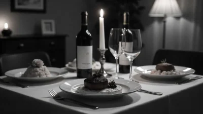 Romantic dinner table for two with candlelight, wine, gourmet meals, and flowers in a cozy, intimate home setting.