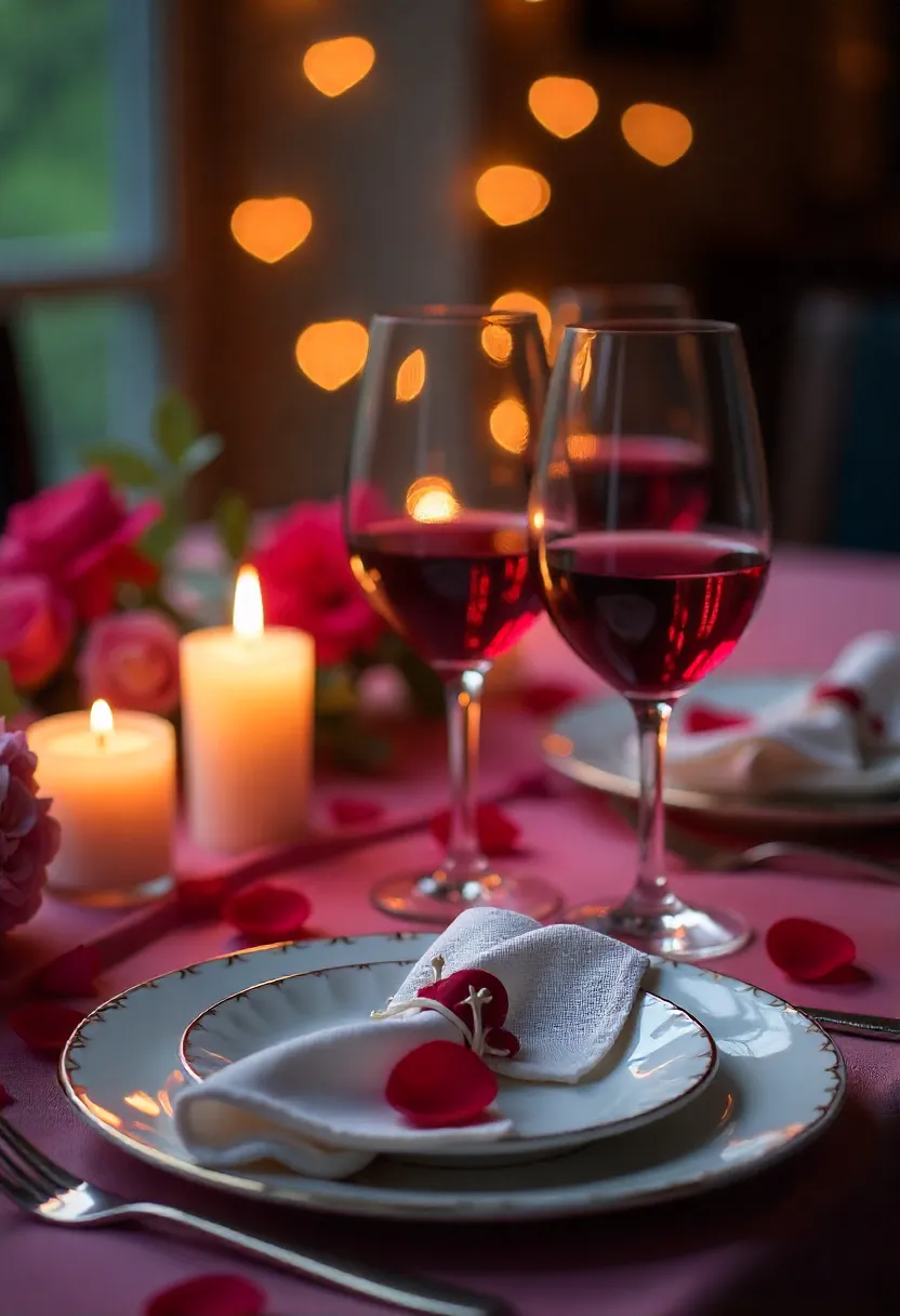 Romantic Valentine’s Day dinner table with candles, roses, and wine glasses, creating a warm and intimate atmosphere at home.