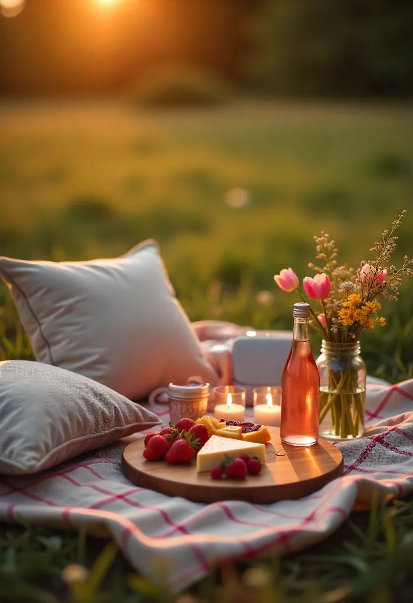 Romantic spring picnic with flowers, string lights, candles, and cozy decor on a blanket at sunset.