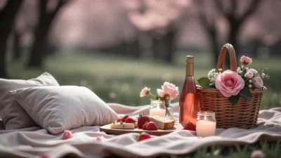 Romantic spring picnic with blanket, basket of food, wine, and fresh flowers under blooming cherry blossoms.