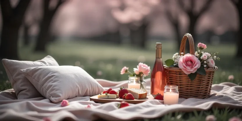 Romantic spring picnic with blanket, basket of food, wine, and fresh flowers under blooming cherry blossoms.