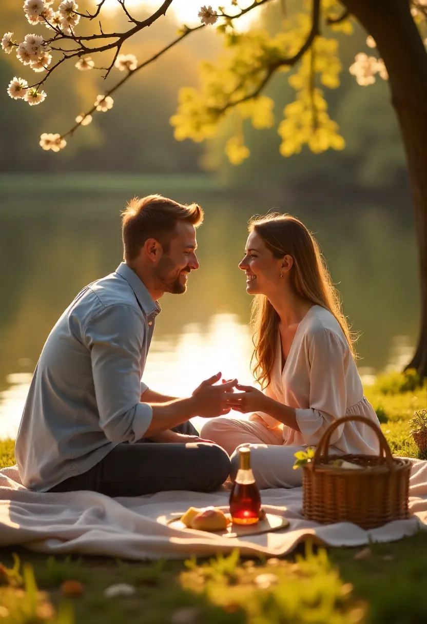 Couple setting up a romantic spring picnic with basket, wine, and food near a lake surrounded by blooming trees.