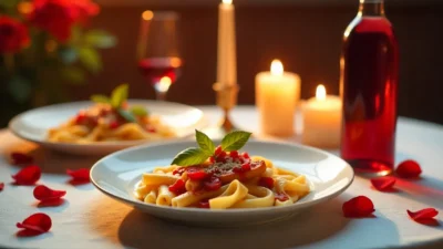 Romantic Valentine’s Day dinner table with gourmet meals, red wine, candles, and roses set for two, creating an intimate atmosphere at home.