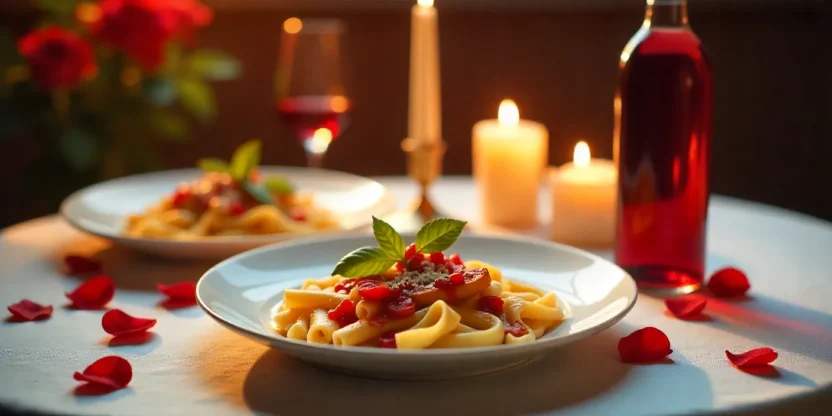 Romantic Valentine’s Day dinner table with gourmet meals, red wine, candles, and roses set for two, creating an intimate atmosphere at home.