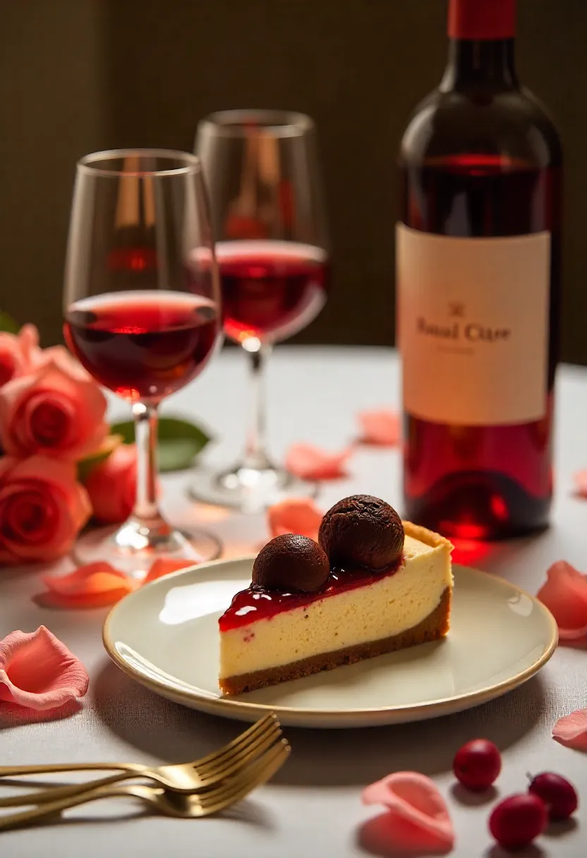 Romantic table with red and white wine, chocolate truffles, and cheesecake, styled with rose petals and soft lighting.