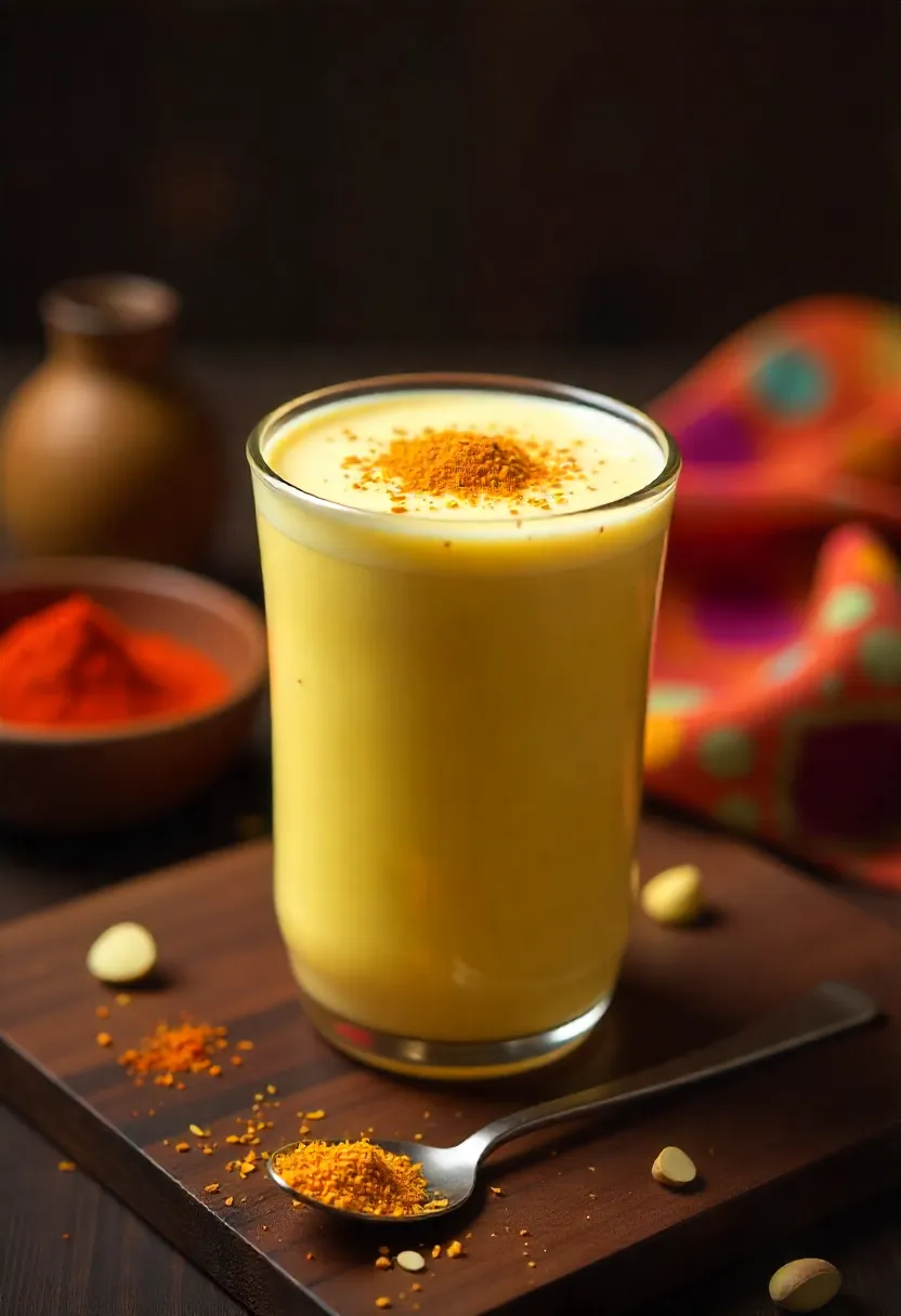 Saffron makhaniya lassi in a tall cup, topped with saffron strands and pistachios, served on a wooden table with nuts and spices.