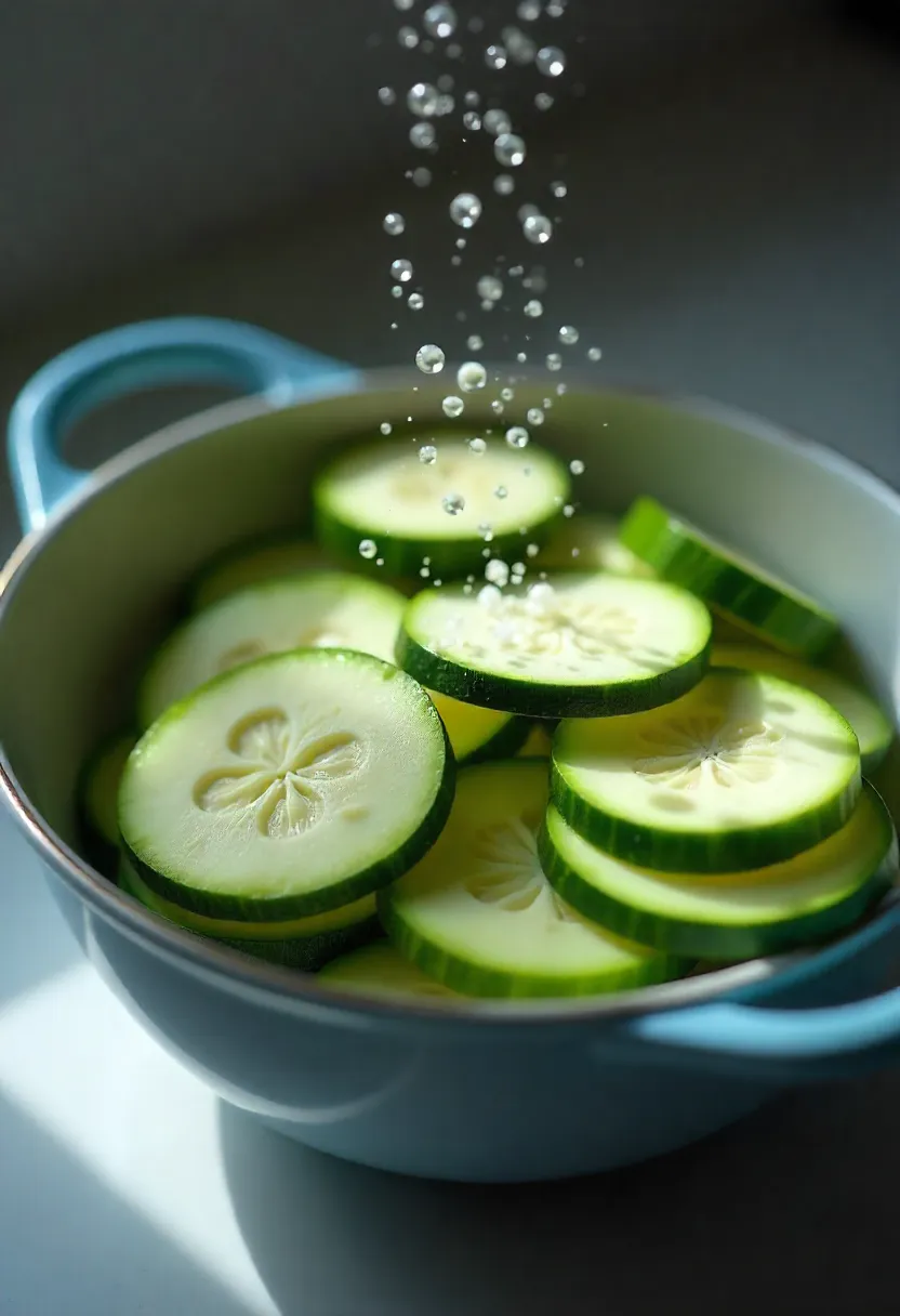 Zucchini slices in a colander sprinkled with salt, releasing water into a bowl below to remove excess moisture before cooking.