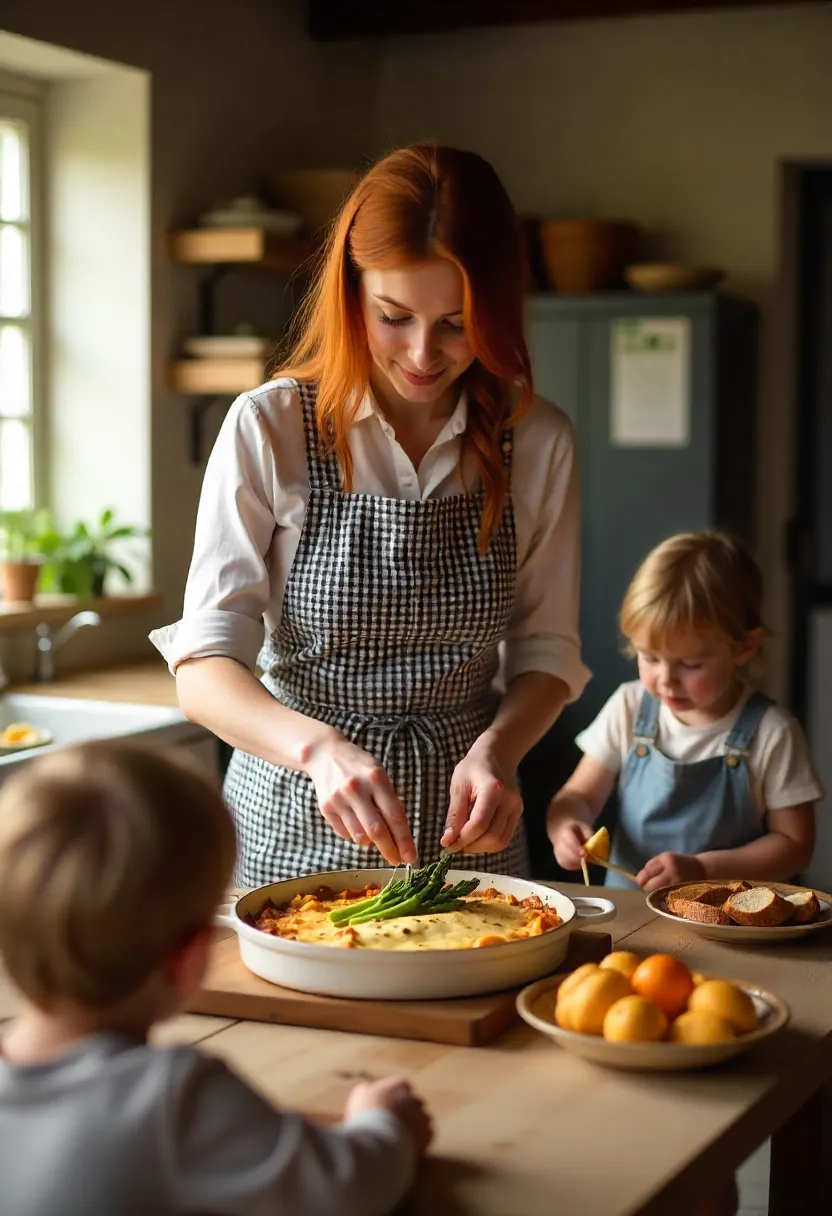 Home cook making lasagna with family gathered around the table.