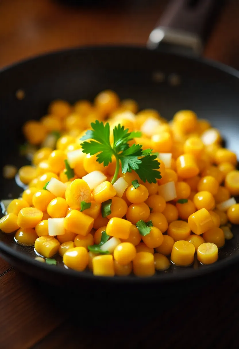 Golden sautĂŠed corn kernels with onions and herbs cooking in a skillet.