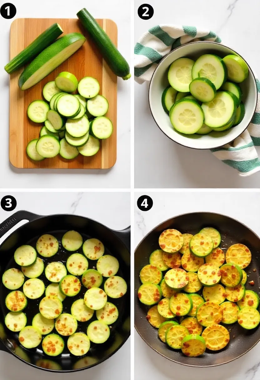 Step-by-step collage of zucchini prep and cooking: slicing, salting, drying, sautéing in a skillet, and serving golden, tender rounds.