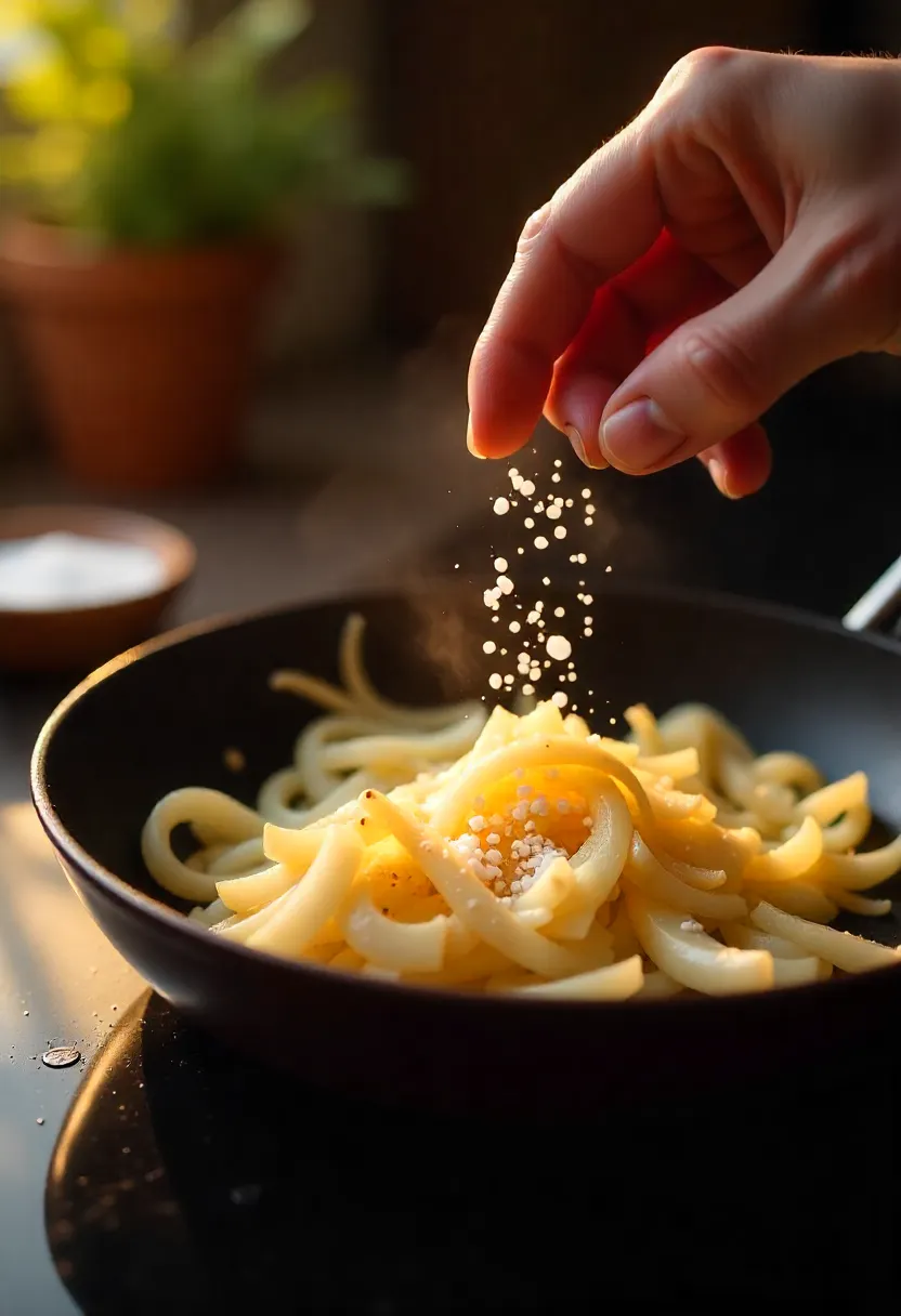 Onions cooking in a pan while being sprinkled with salt, showing seasoning in stages.