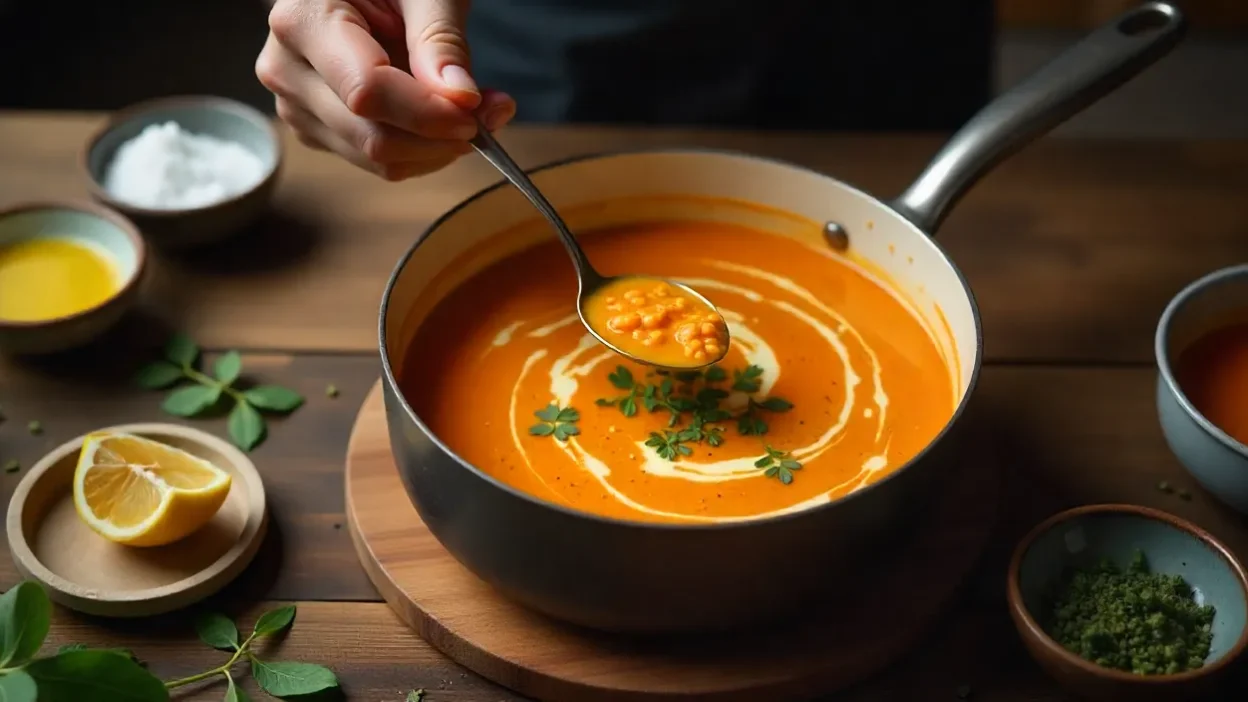 Cook tasting soup while seasoning with salt and flavor enhancers like lemon, oil, and herbs.