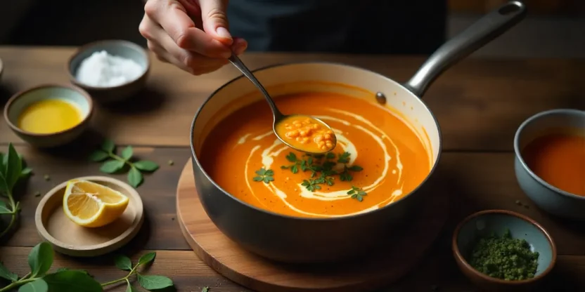 Cook tasting soup while seasoning with salt and flavor enhancers like lemon, oil, and herbs.