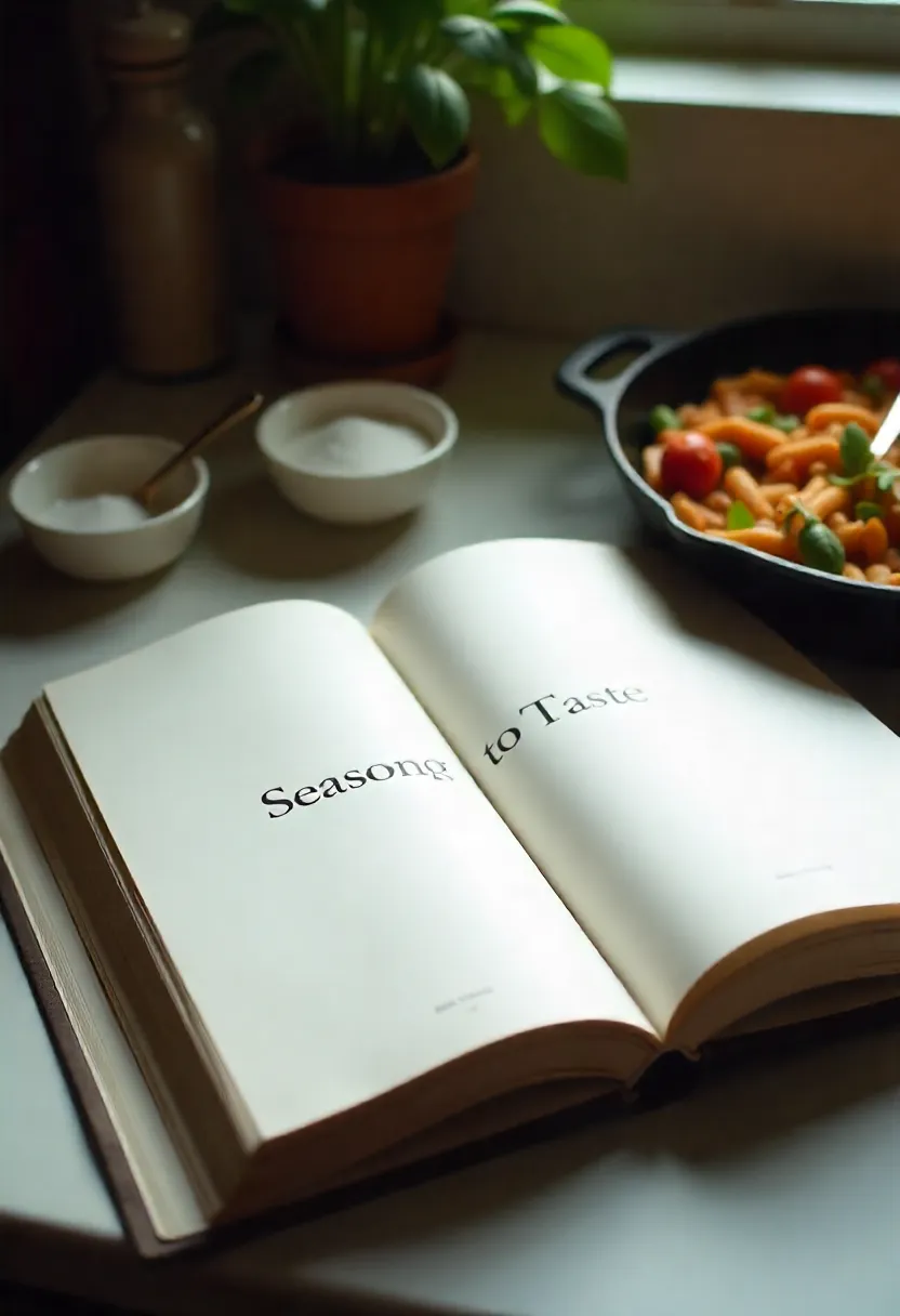 Open cookbook showing “season to taste” next to bowls of salt and a dish in progress.