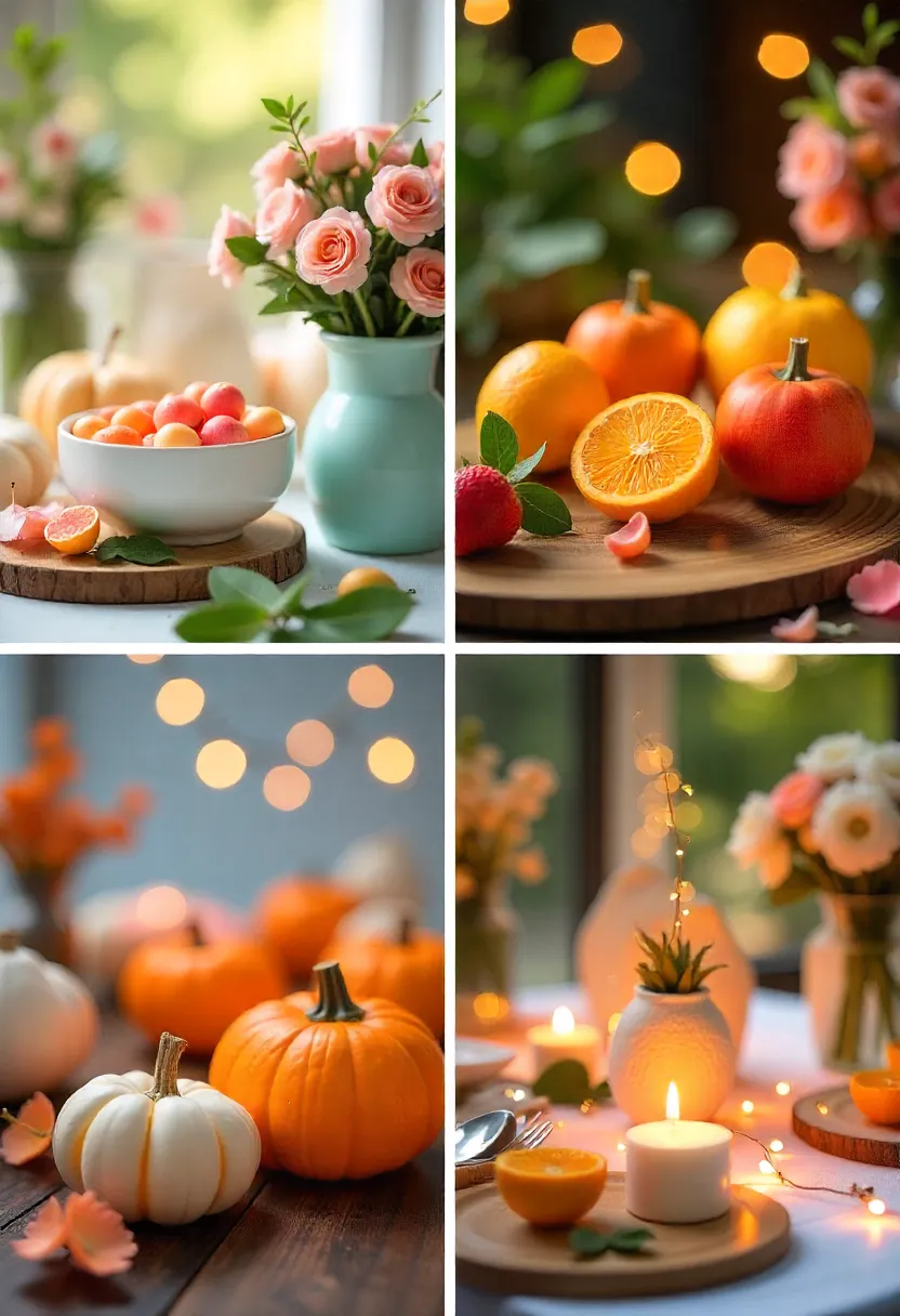 Seasonal party decorations featuring spring flowers, summer tropical accents, autumn leaves with pumpkins, and winter snowflakes with warm lighting.