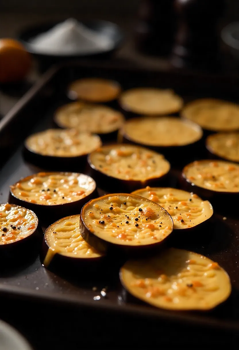 Realistic photo of raw eggplant slices brushed with oil and seasoned with kosher salt, black pepper, and cumin before grilling.