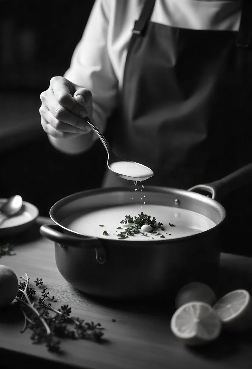 Cook tasting soup with a spoon while holding salt, surrounded by fresh herbs and spices.