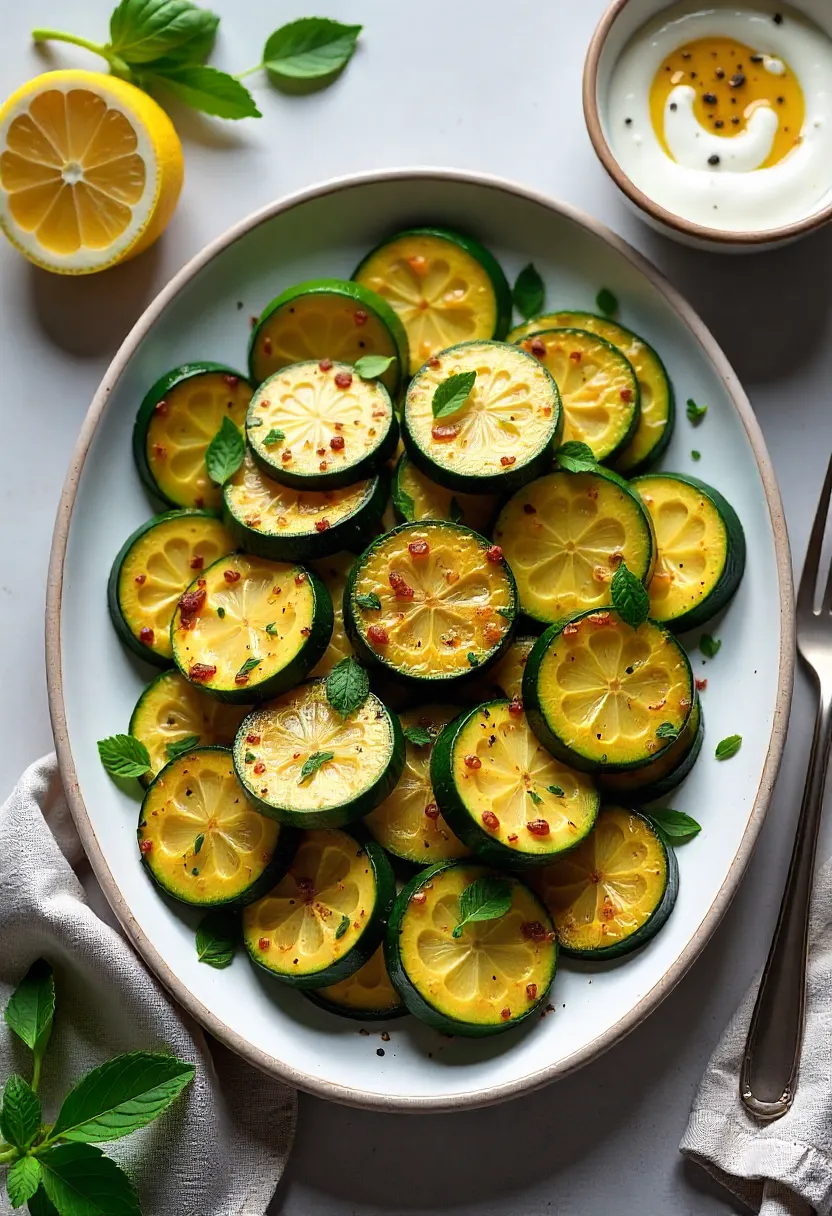 Platter of golden sautéed zucchini with garlic, lemon, sumac, and mint, served with yogurt sauce and chili oil on the side.