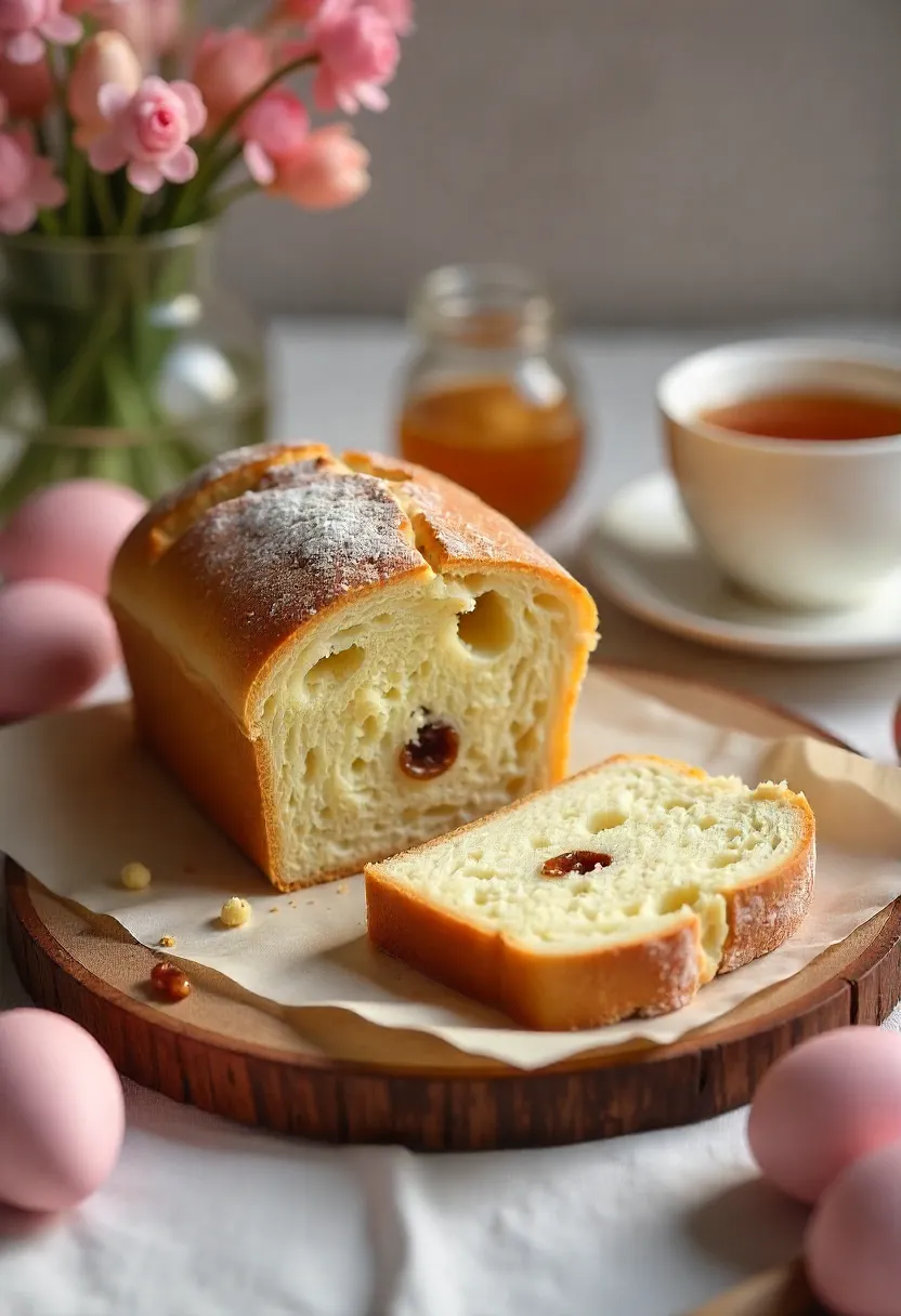 Sliced kulich Easter bread with raisins, served with jam and tea, surrounded by dyed eggs and spring decorations.