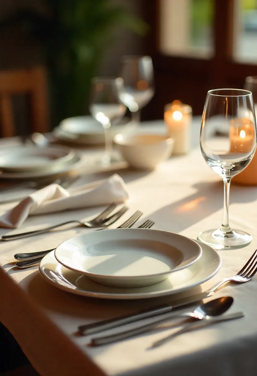 Elegant dining table with plates, cutlery, wine glasses, and folded napkins arranged neatly for a refined dinner setting.