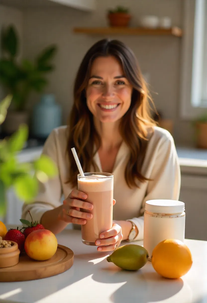 Happy person with a vegan protein smoothie and supplements on a kitchen table, symbolizing energy and motivation to share the benefits.