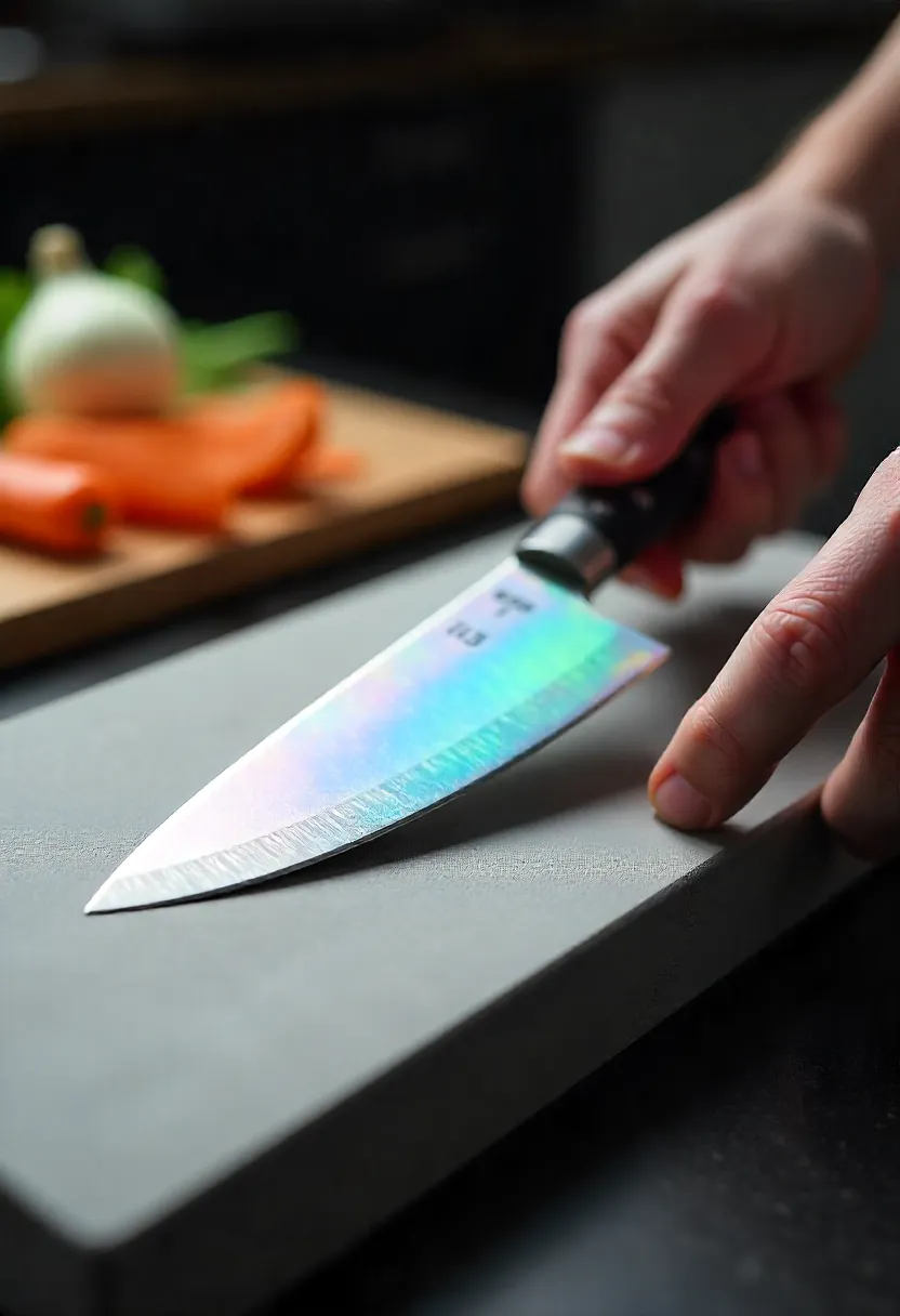 Realistic photo of a chef’s knife being sharpened on a whetstone with fresh vegetables in the background.
