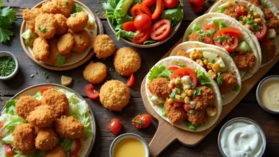 Homemade shawarma and crispy chicken nuggets with fresh vegetables and dipping sauces.