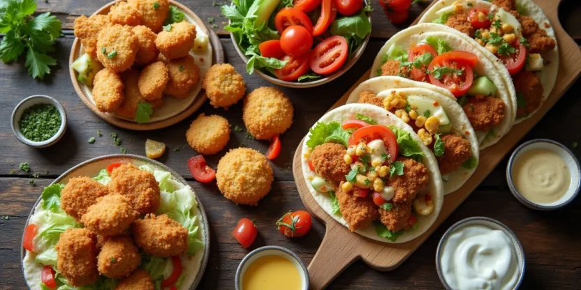 Homemade shawarma and crispy chicken nuggets with fresh vegetables and dipping sauces.