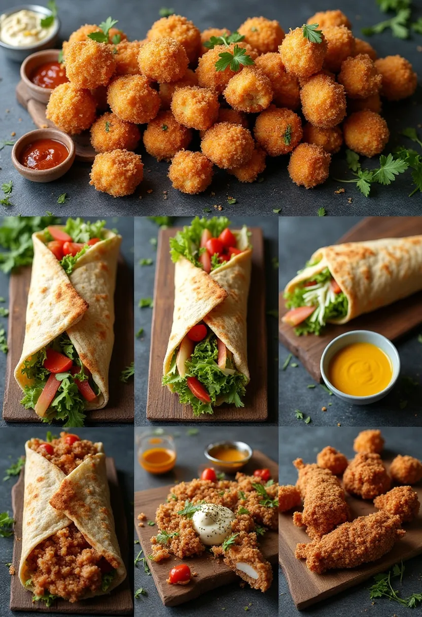 Homemade chicken nuggets and shawarma wraps with fresh vegetables and dipping sauces on a rustic table.