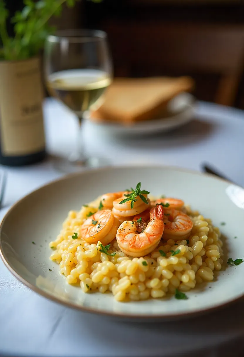 Shrimp risotto with Parmesan, garnished with herbs and olive oil, served in a romantic dinner setting with white wine and soft lighting.