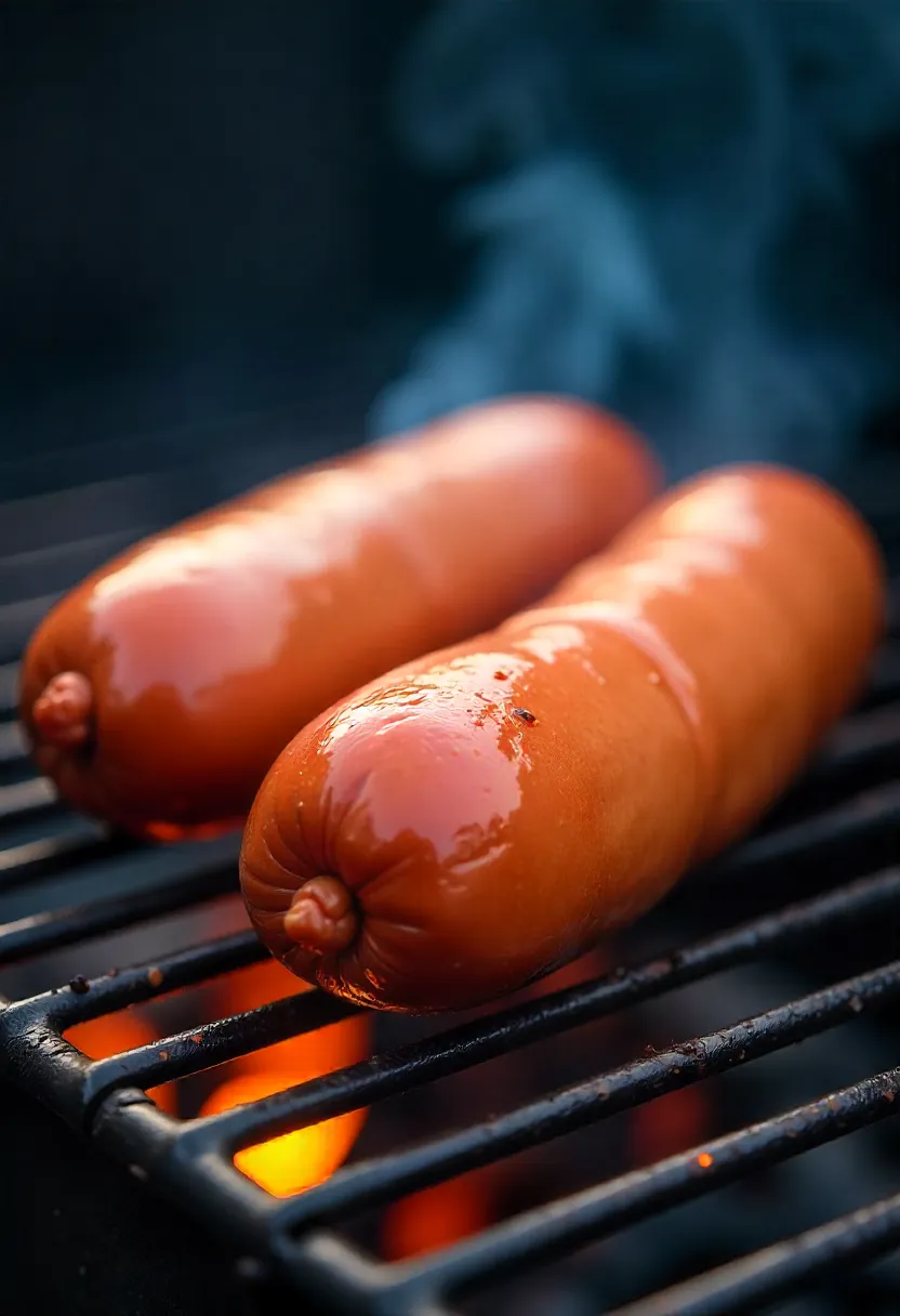 Realistic photo of hot dogs on a grill, one juicy and plump, another shriveled and deflated from high heat.