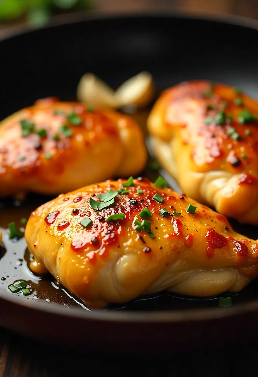 Skin-on chicken breasts searing in a skillet with golden, crispy skin.