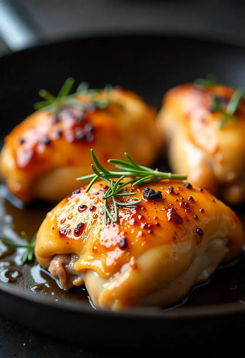 Golden, crispy chicken thighs cooking skin-side down in a skillet with herbs.